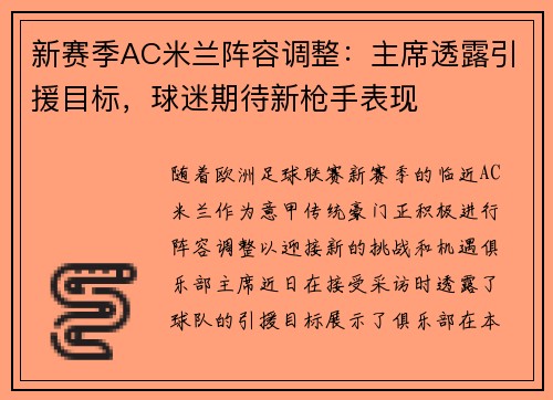 新赛季AC米兰阵容调整：主席透露引援目标，球迷期待新枪手表现
